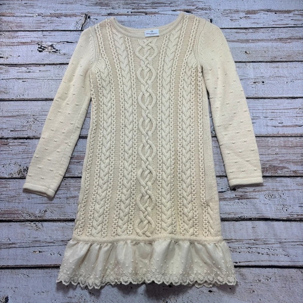 Hanna Andersson 130 8 Girls Cable Knit Sweater Dress with Lace Trim